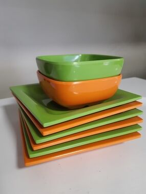 Green and Orange Melamine Square Plates & Bowls Set